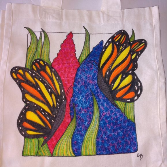Hand-Painted Butterfly Tote Bag: Floral Art Reusable Canvas Tote 14x13x7 - Picture 9 of 14